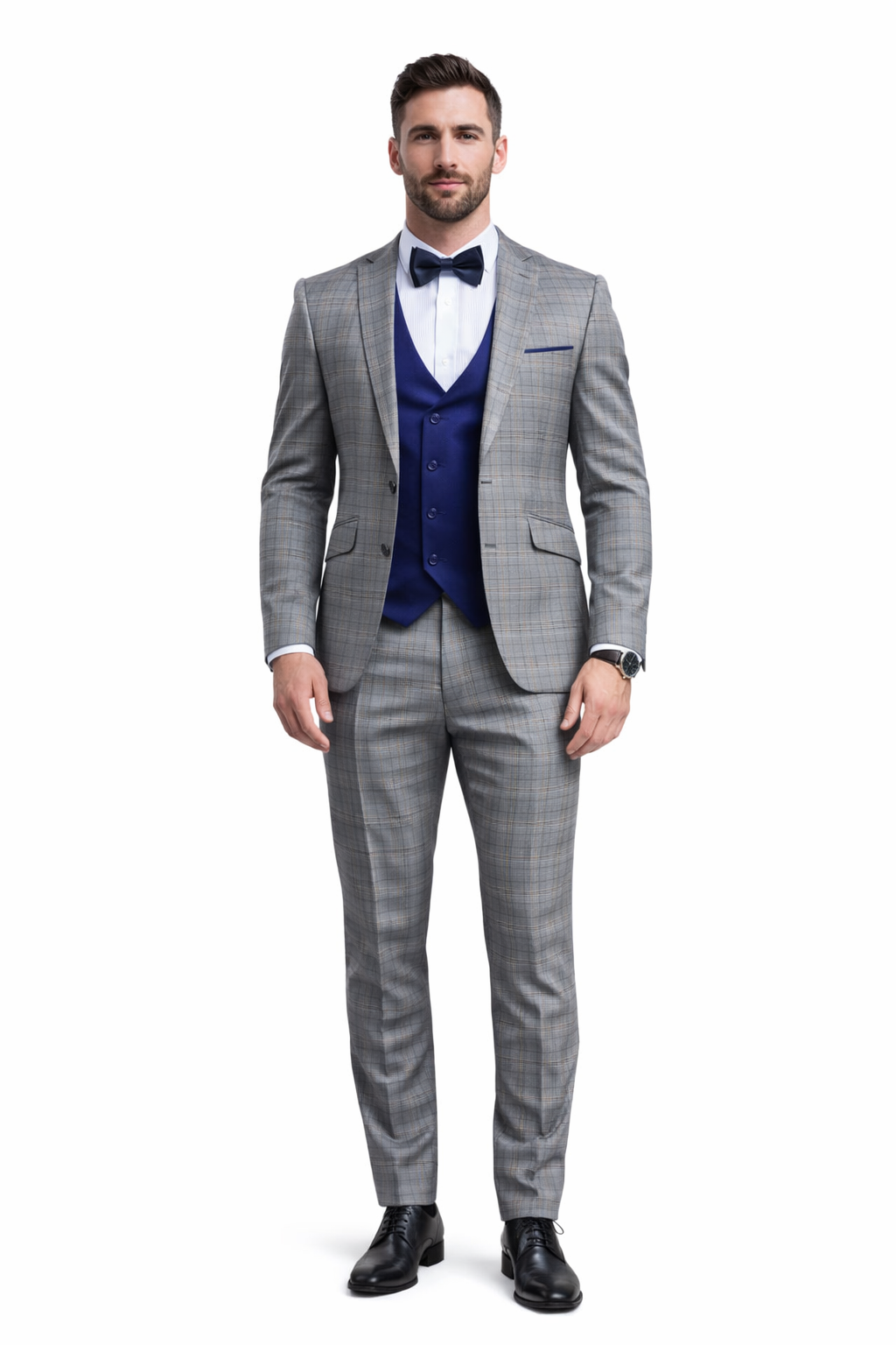 Blue Slim Fit Tuxedo 4 Piece Glen Plaid with Bow Tie