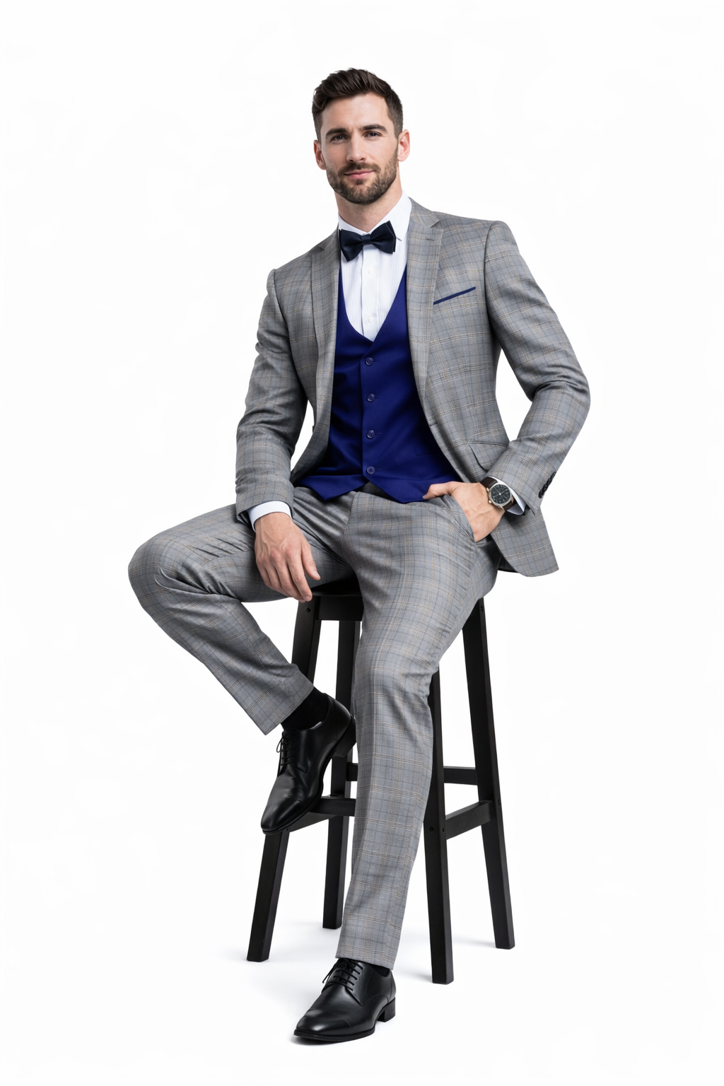 Blue Slim Fit Tuxedo 4 Piece Glen Plaid with Bow Tie - Image 5