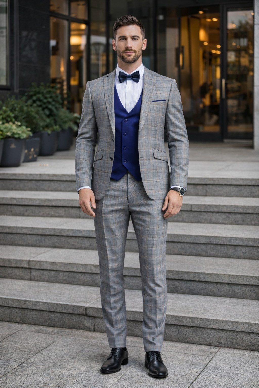 Blue Slim Fit Tuxedo 4 Piece Glen Plaid with Bow Tie - Image 4