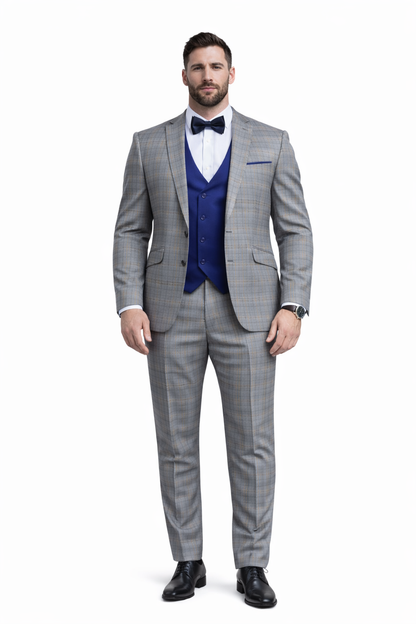 Blue Slim Fit Tuxedo 4 Piece Glen Plaid with Bow Tie - Image 6