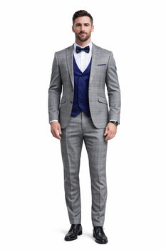 Blue Slim Fit Tuxedo 4 Piece Glen Plaid with Bow Tie