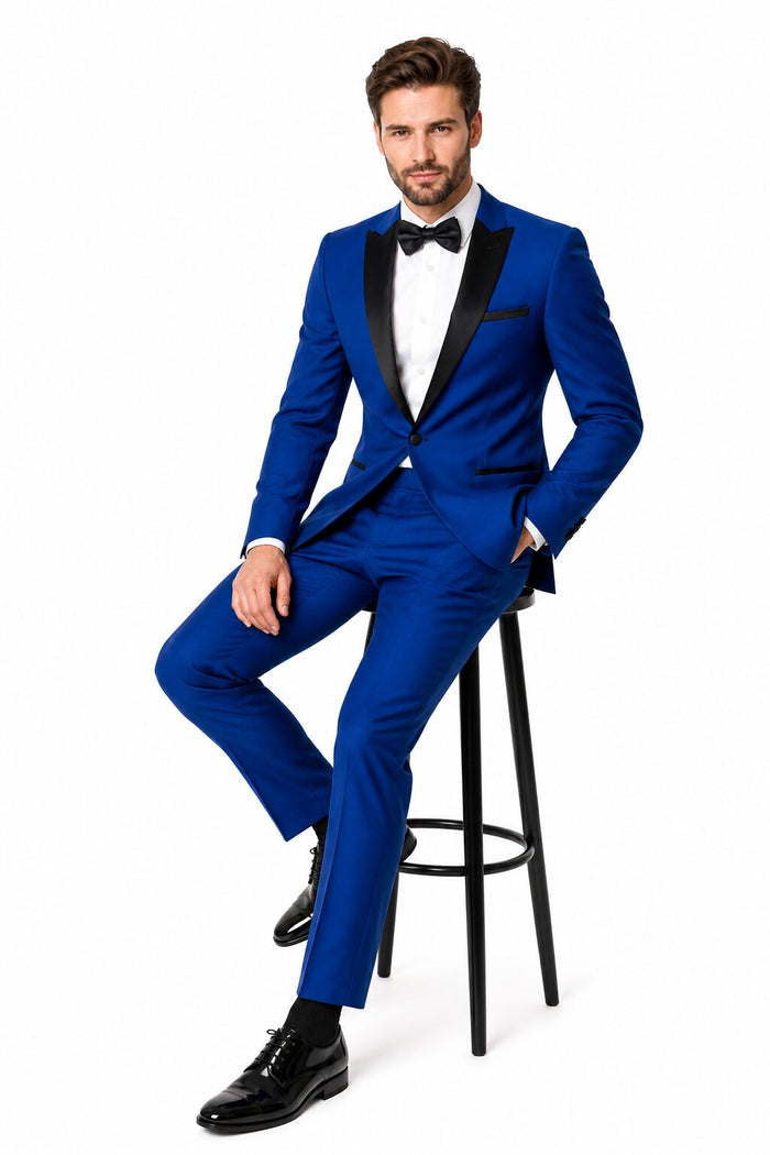 Men'S 1 Button Royal Blue Tuxedo Black Lapeled Dress Suits For Men Dinner Jacket