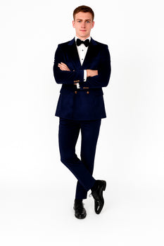 Navy Blue Velvet Double Breasted Suits - Velvet Pants - Slim Fit Suit