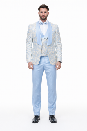 Blue Wedding Tuxedo - Men's Designer Vested Wedding & Prom Sky Blue and Gold Floral Paisley Tuxedo