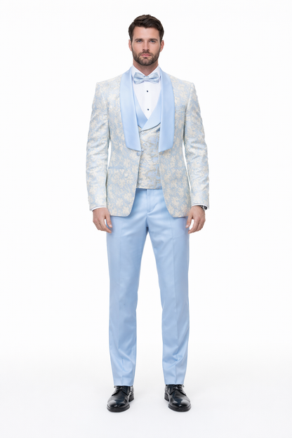 Blue Wedding Tuxedo - Men's Designer Vested Wedding & Prom Sky Blue and Gold Floral Paisley Tuxedo