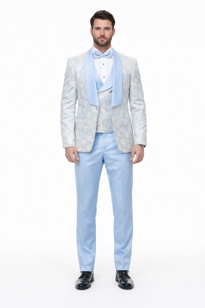 Blue Wedding Tuxedo - Men's Designer Vested Wedding & Prom Sky Blue and Gold Floral Paisley Tuxedo