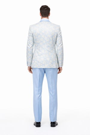 Blue Wedding Tuxedo - Men's Designer Vested Wedding & Prom Sky Blue and Gold Floral Paisley Tuxedo - Image 2