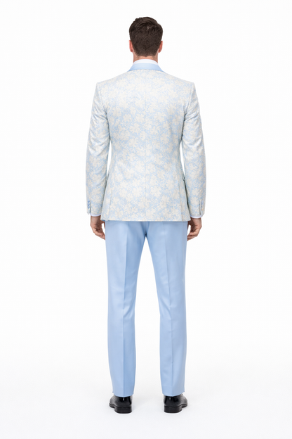 Blue Wedding Tuxedo - Men's Designer Vested Wedding & Prom Sky Blue and Gold Floral Paisley Tuxedo - Image 2
