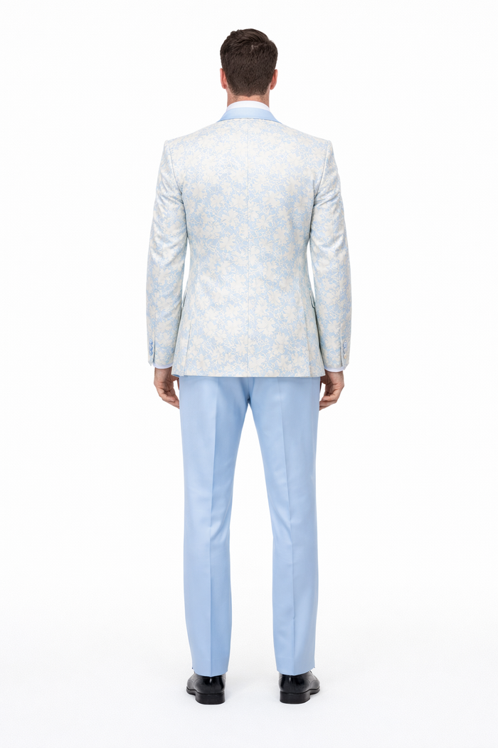 Blue Wedding Tuxedo - Men's Designer Vested Wedding & Prom Sky Blue and Gold Floral Paisley Tuxedo - Image 2