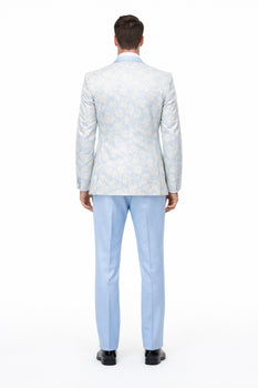 Blue Wedding Tuxedo - Men's Designer Vested Wedding & Prom Sky Blue and Gold Floral Paisley Tuxedo - Image 2
