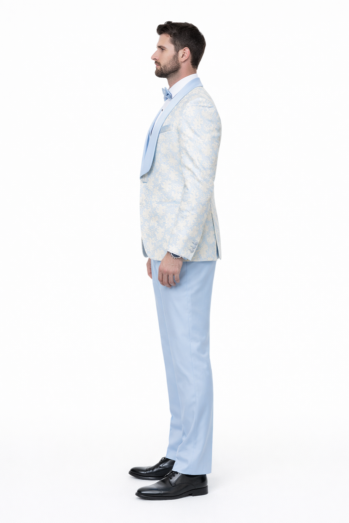 Blue Wedding Tuxedo - Men's Designer Vested Wedding & Prom Sky Blue and Gold Floral Paisley Tuxedo - Image 7