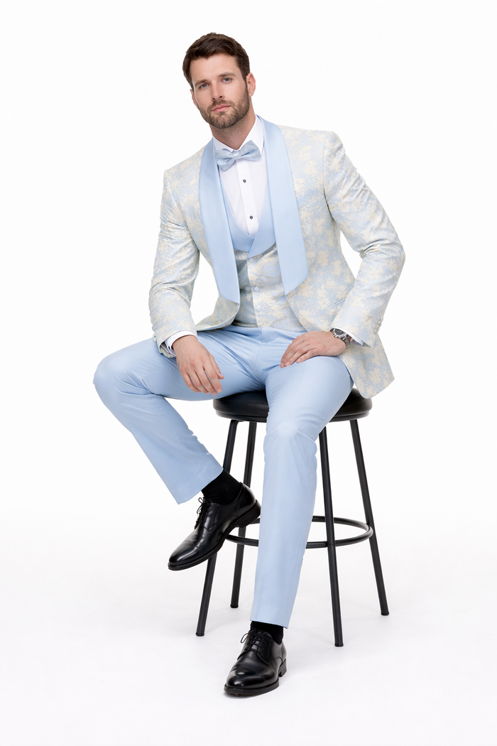 Blue Wedding Tuxedo - Men's Designer Vested Wedding & Prom Sky Blue and Gold Floral Paisley Tuxedo - Image 5