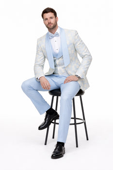 Blue Wedding Tuxedo - Men's Designer Vested Wedding & Prom Sky Blue and Gold Floral Paisley Tuxedo - Image 5