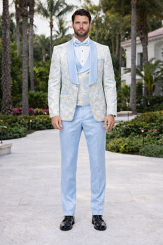 Blue Wedding Tuxedo - Men's Designer Vested Wedding & Prom Sky Blue and Gold Floral Paisley Tuxedo - Image 4
