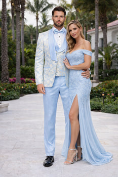 Blue Wedding Tuxedo - Men's Designer Vested Wedding & Prom Sky Blue and Gold Floral Paisley Tuxedo - Image 3