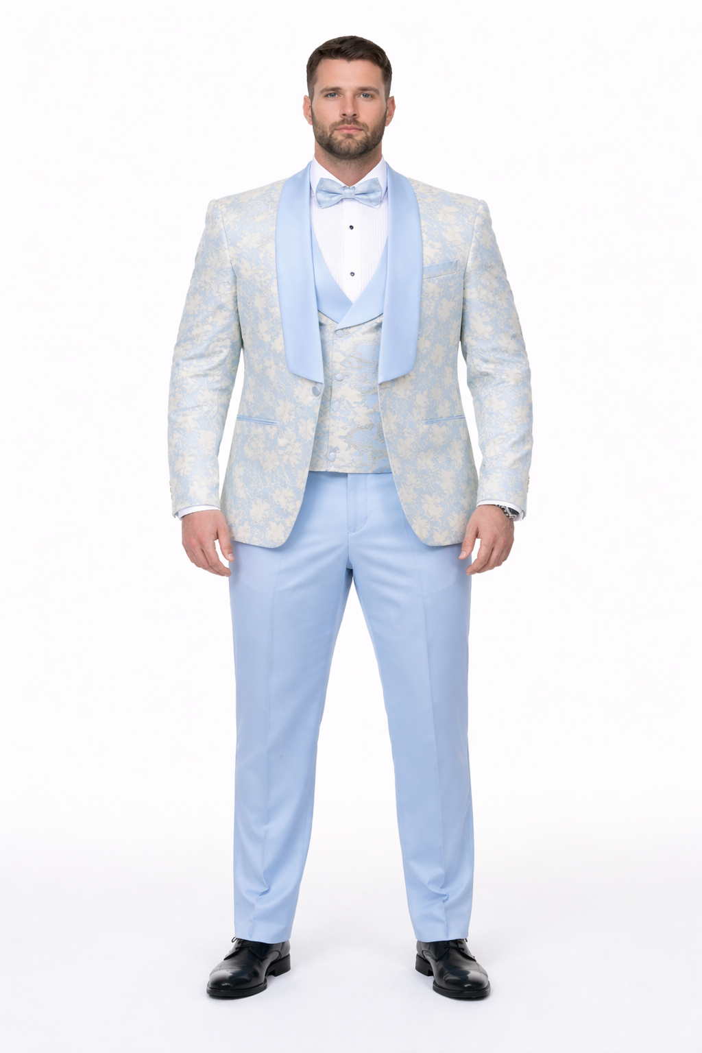 Blue Wedding Tuxedo - Men's Designer Vested Wedding & Prom Sky Blue and Gold Floral Paisley Tuxedo - Image 6