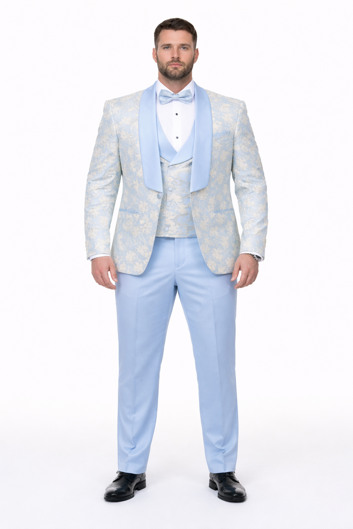 Blue Wedding Tuxedo - Men's Designer Vested Wedding & Prom Sky Blue and Gold Floral Paisley Tuxedo - Image 6
