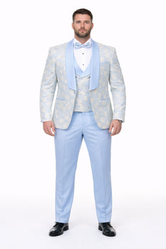 Blue Wedding Tuxedo - Men's Designer Vested Wedding & Prom Sky Blue and Gold Floral Paisley Tuxedo - Image 6