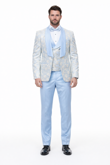 Blue Wedding Tuxedo - Men's Designer Vested Wedding & Prom Sky Blue and Gold Floral Paisley Tuxedo