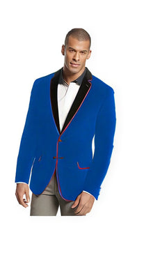 Velour Men's blazer Jacket Velvet Formal Tuxedo Sport Coat Two Tone Trimming Notch Collar Royal Blue