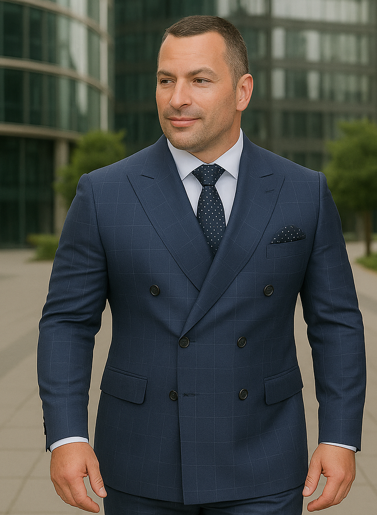 Wool Suit - Italian Made Business Suit by Statement Men's 2 Piece 100% Wool Double Breasted Suit - Micro Windowpane