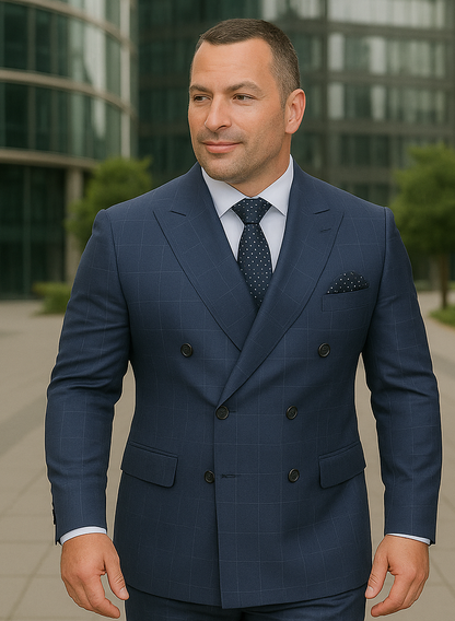 Wool Suit - Italian Made Business Suit by Statement Men's 2 Piece 100% Wool Double Breasted Suit - Micro Windowpane