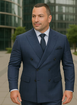 Wool Suit - Italian Made Business Suit by Statement Men's 2 Piece 100% Wool Double Breasted Suit - Micro Windowpane