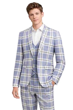 Mens Light Blue Plaid 3 Piece Suit – Windowpane Check Vested Suit – Modern Slim Fit Formal Suit