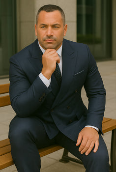 Wool Suit - Italian Made Business Suit by Statement Men's 2 Piece 100% Wool Double Breasted Suit - Micro Windowpane