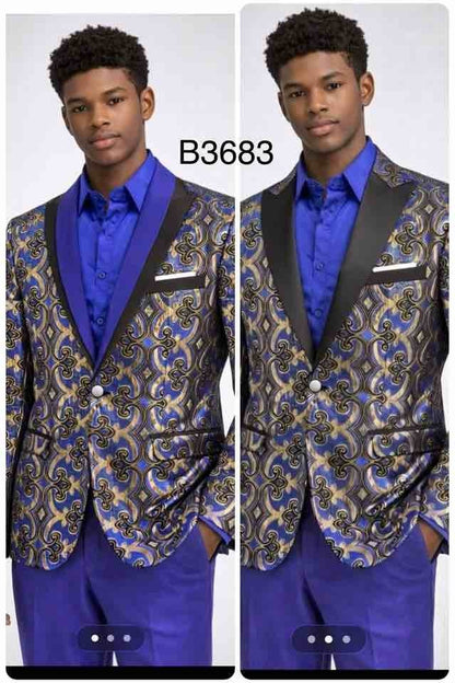 Mens Royal Blue and Gold Paisley Tuxedo Blazer – Fashion Prom Jacket
