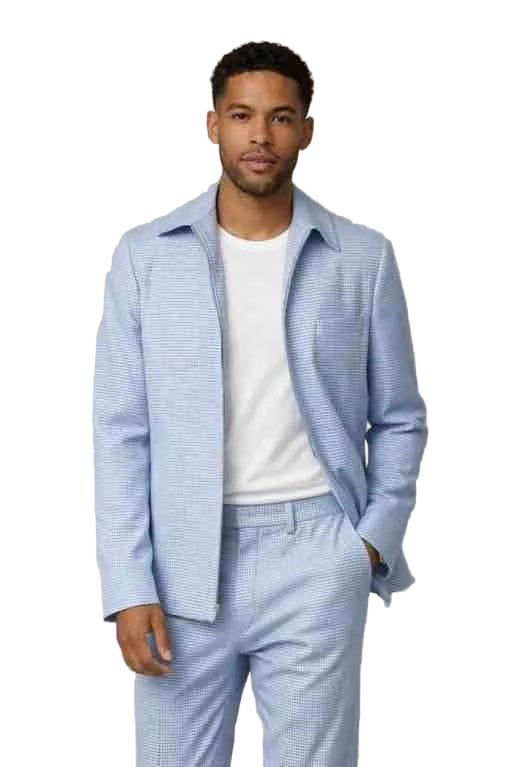 Mens Light Blue Textured Zip-Up Jacket Set – Slim Fit Casual 2 Piece Outfit with Matching Trousers