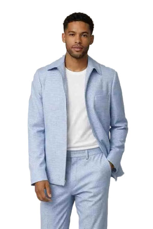Mens Light Blue Textured Zip-Up Jacket Set – Slim Fit Casual 2 Piece Outfit with Matching Trousers