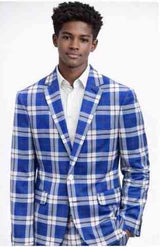 Mens Royal Blue Blazer with Blue Plaid Dress Pants – Modern Slim Fit Fashion Suit Set