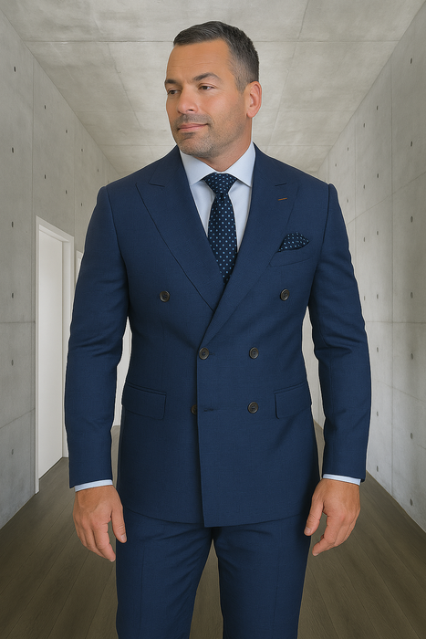 Wool Suit - Italian Made Business Suit by Statement Men's 2 Piece 100% Wool Double Breasted Suit - Micro Windowpane
