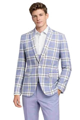 Mens Light Blue Plaid Blazer with Lavender Pants – Slim Fit Checkered Sport Coat Set