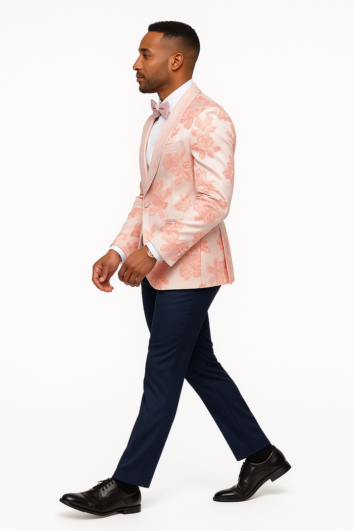 Mens Paisley Jeweled Shawl Prom Tuxedo in Blush Pink