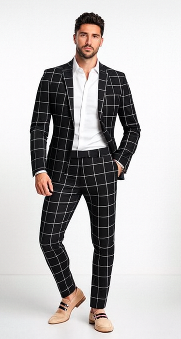 Bold Gangster Plaid Suit - 1920s Mens Fashion Window Pane Suit - Black
