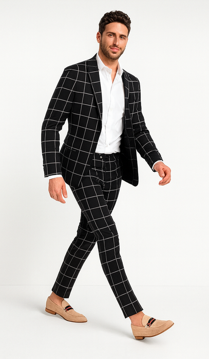 Bold Gangster Plaid Suit - 1920s Mens Fashion Window Pane Suit - Black