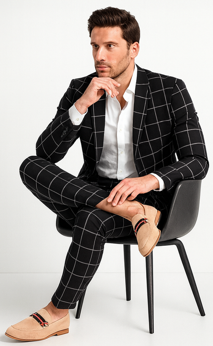 Bold Gangster Plaid Suit - 1920s Mens Fashion Window Pane Suit - Black