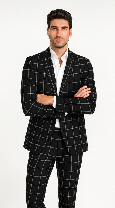Bold Gangster Plaid Suit - 1920s Mens Fashion Window Pane Suit - Black