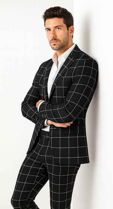 Bold Gangster Plaid Suit - 1920s Mens Fashion Window Pane Suit - Black