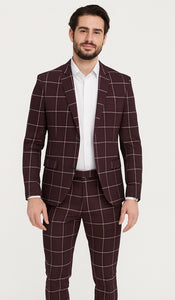 Bold Gangster Plaid Suit - 1920s Mens Fashion Window Pane Suit - Burgundy