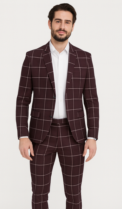 Bold Gangster Plaid Suit - 1920s Mens Fashion Window Pane Suit - Burgundy