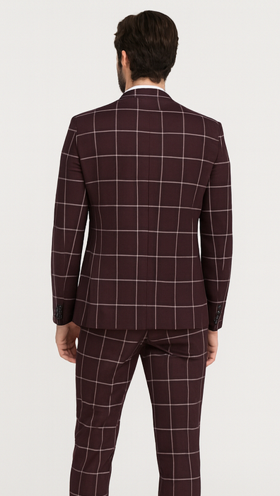 Bold Gangster Plaid Suit - 1920s Mens Fashion Window Pane Suit - Burgundy