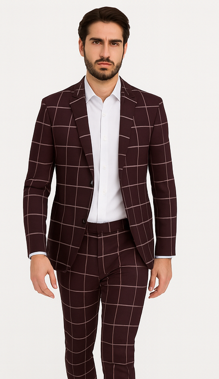 Bold Gangster Plaid Suit - 1920s Mens Fashion Window Pane Suit - Burgundy - Image 3