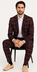 Bold Gangster Plaid Suit - 1920s Mens Fashion Window Pane Suit - Burgundy