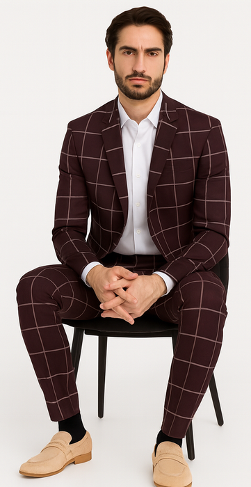 Bold Gangster Plaid Suit - 1920s Mens Fashion Window Pane Suit - Burgundy