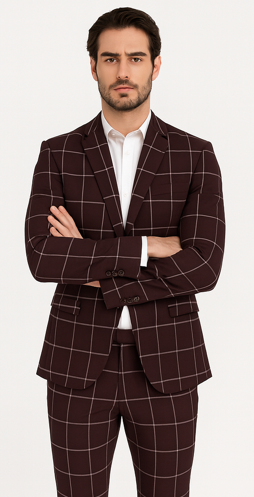 Bold Gangster Plaid Suit - 1920s Mens Fashion Window Pane Suit - Burgundy - Image 5
