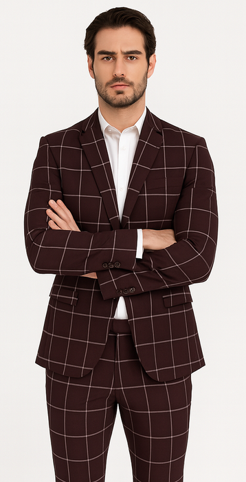 Bold Gangster Plaid Suit - 1920s Mens Fashion Window Pane Suit - Burgundy