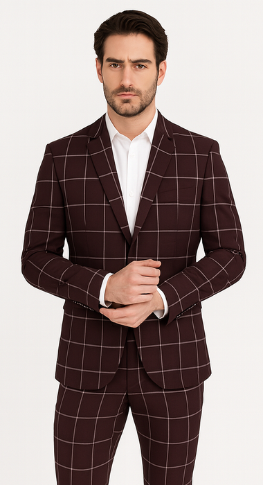 Bold Gangster Plaid Suit - 1920s Mens Fashion Window Pane Suit - Burgundy